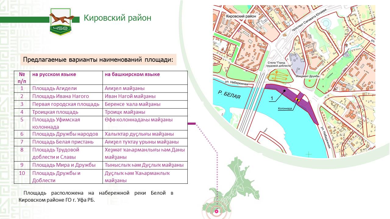 Наименование площади на набережной реки Белой в городе Уфе